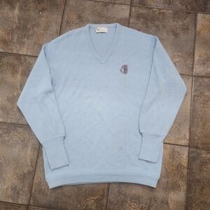 Vintage 1960s Pickering Men's XL Native American Blue V Neck Grandpa Sweater